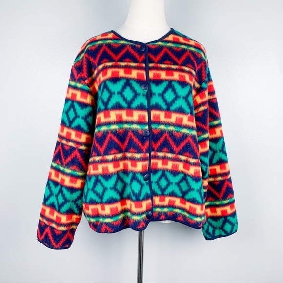 Vtg 80s 90s Biacci geometric aztec print fleece jacket - Picture 1 of 6